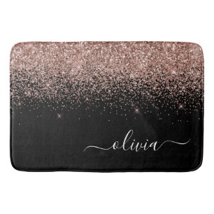 Rose Gold Blush Pink Glitter Script Monogram Girly Bath Mat