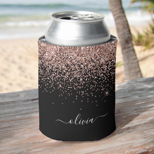 Rose Gold Blush Pink Glitter Script Monogram Girly Can Cooler (Creator Uploaded)