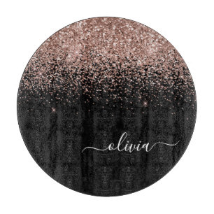 Rose Gold Blush Pink Glitter Script Monogram Girly Cutting Board
