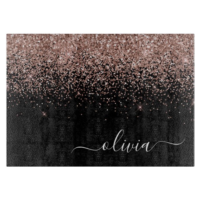 Rose Gold Blush Pink Glitter Script Monogram Girly Cutting Board (Front)