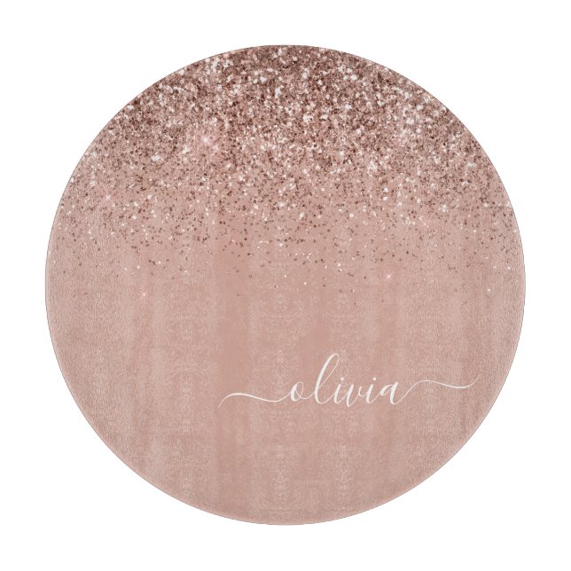Rose Gold Blush Pink Glitter Script Monogram Girly Cutting Board (Front)