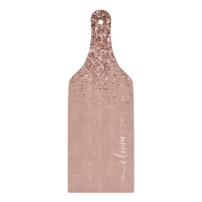 Rose Gold Blush Pink Glitter Script Monogram Girly Cutting Board (Front)