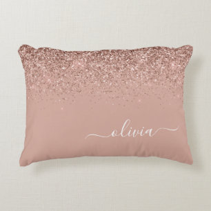 Rose Gold Blush Pink Glitter Script Monogram Girly Decorative Cushion