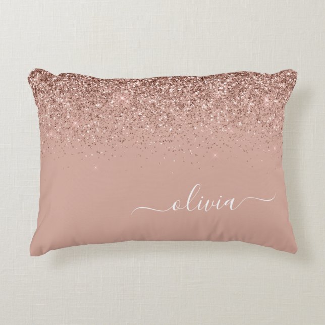 Rose Gold Blush Pink Glitter Script Monogram Girly Decorative Cushion (Front)