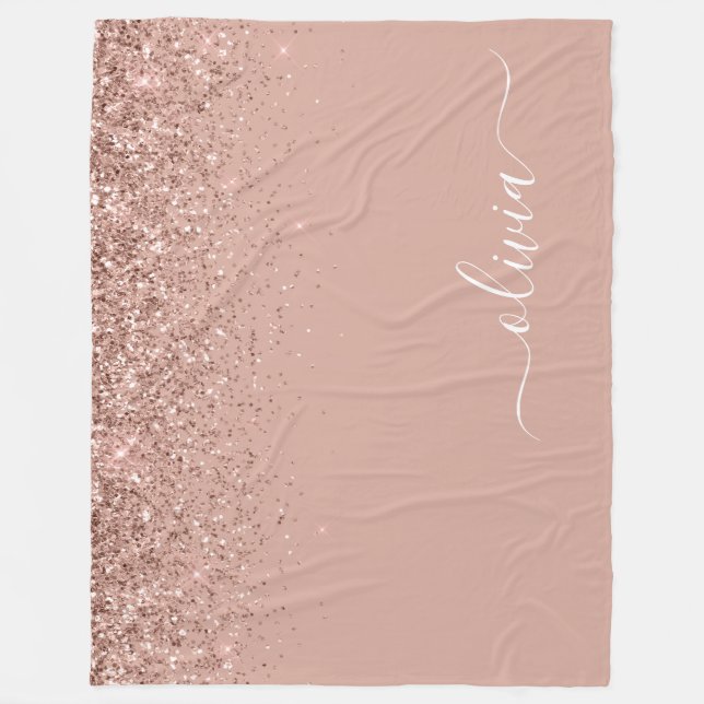 Rose Gold Blush Pink Glitter Script Monogram Girly Fleece Blanket (Front)