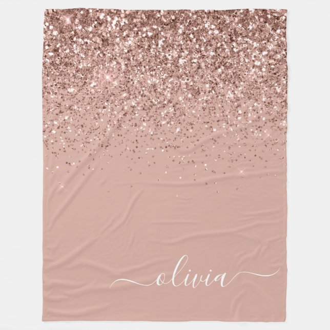 Rose Gold Blush Pink Glitter Script Monogram Girly Fleece Blanket (Front)