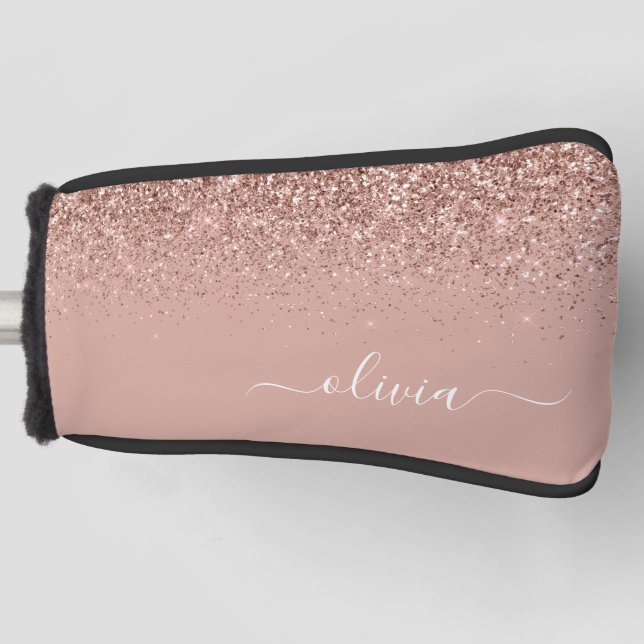 Rose Gold Blush Pink Glitter Script Monogram Girly Golf Head Cover (Front)