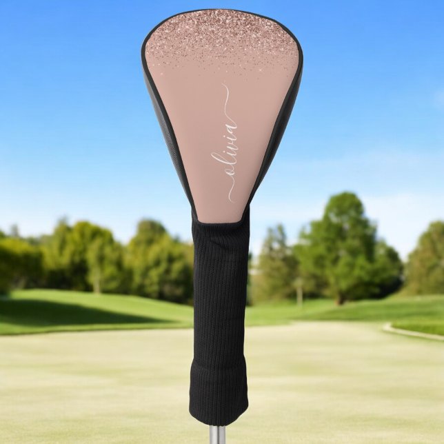 Rose Gold Blush Pink Glitter Script Monogram Girly Golf Head Cover (Creator Uploaded)
