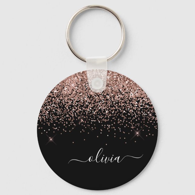 Rose Gold Blush Pink Glitter Script Monogram Girly Key Ring (Front)