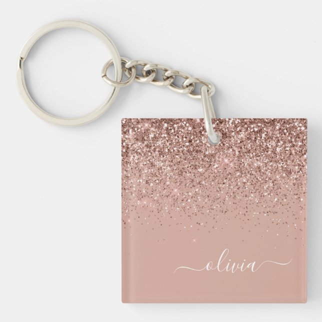 Rose Gold Blush Pink Glitter Script Monogram Girly Key Ring (Front)