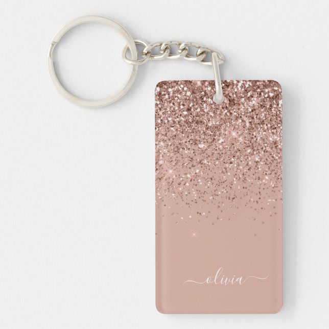 Rose Gold Blush Pink Glitter Script Monogram Girly Key Ring (Front)