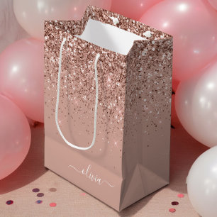 Rose Gold Blush Pink Glitter Script Monogram Girly Medium Gift Bag