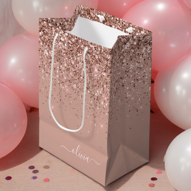 Rose Gold Blush Pink Glitter Script Monogram Girly Medium Gift Bag (Creator Uploaded)