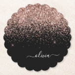 Rose Gold Blush Pink Glitter Script Monogram Girly Paper Coaster<br><div class="desc">Black and Rose Gold - Blush Pink Sparkle Glitter Script Monogram Name Paper Coasters. This makes the perfect graduation,  birthday,  wedding,  bridal shower,  anniversary,  baby shower or bachelorette party gift for someone that loves glam luxury and chic styles.</div>
