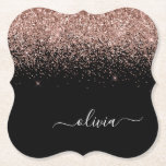 Rose Gold Blush Pink Glitter Script Monogram Girly Paper Coaster<br><div class="desc">Black and Rose Gold - Blush Pink Sparkle Glitter Script Monogram Name Paper Coasters. This makes the perfect graduation,  birthday,  wedding,  bridal shower,  anniversary,  baby shower or bachelorette party gift for someone that loves glam luxury and chic styles.</div>