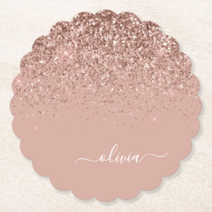 Rose Gold Blush Pink Glitter Script Monogram Girly Paper Coaster