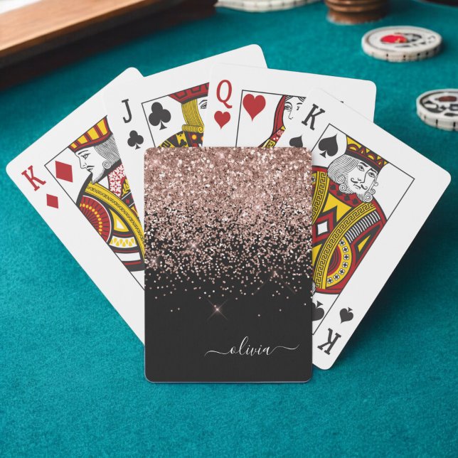 Rose Gold Blush Pink Glitter Script Monogram Girly Playing Cards (Creator Uploaded)