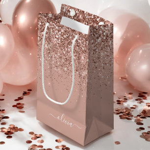 Rose Gold Blush Pink Glitter Script Monogram Girly Small Gift Bag