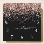Rose Gold Blush Pink Glitter Script Monogram Girly Square Wall Clock<br><div class="desc">Rose Gold - Blush Pink and Black Sparkle Glitter Script Monogram Name Clock. This makes the perfect sweet 16 birthday,  wedding,  bridal shower,  anniversary,  baby shower or bachelorette party gift for someone that loves glam luxury and chic styles.</div>