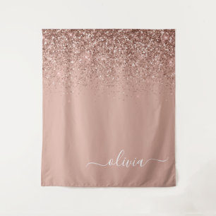 Rose Gold Blush Pink Glitter Script Monogram Girly Tapestry