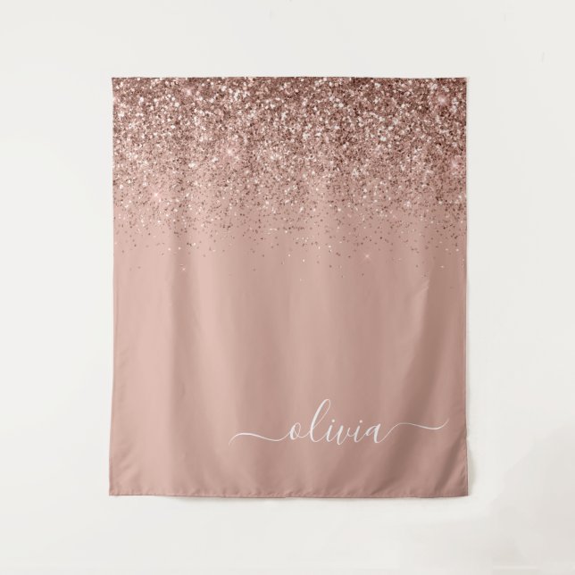 Rose Gold Blush Pink Glitter Script Monogram Girly Tapestry (Front)