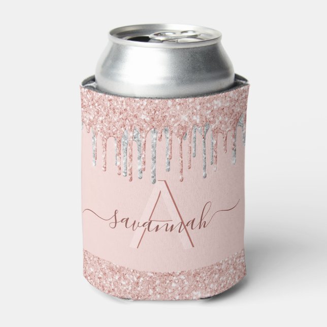 Rose gold blush pink glitter silver can cooler (Can Front)