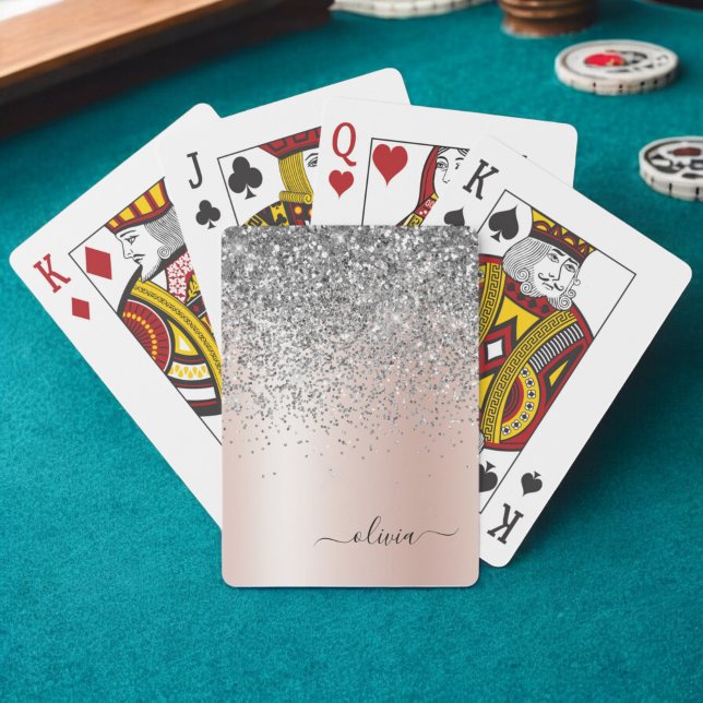 Rose Gold - Blush Pink Glitter Silver Monogram Playing Cards (Creator Uploaded)