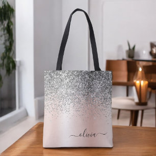 Rose Gold - Blush Pink Glitter Silver Monogram Tote Bag