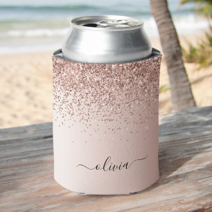 Rose Gold - Blush Pink Glitter Sparkle Monogram Can Cooler