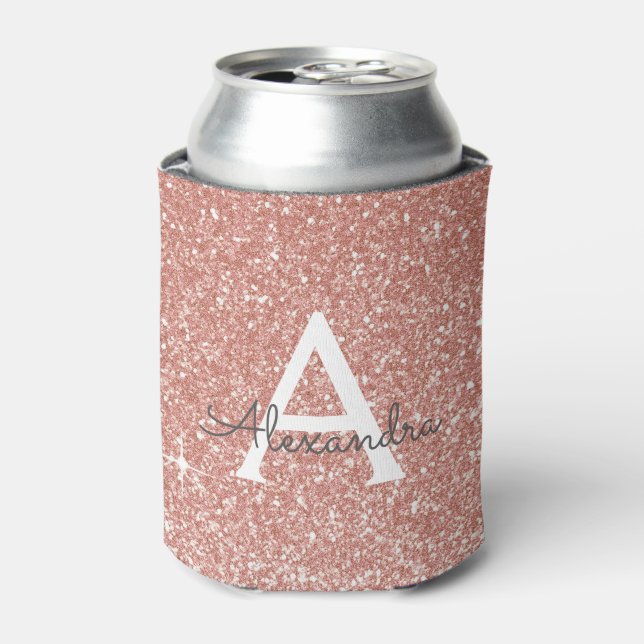 Rose Gold -Blush Pink Glitter Sparkle Monogram Can Cooler (Can Front)