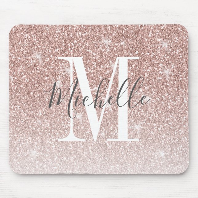 Rose Gold Blush Pink Glitter Sparkle Monogram Name Mouse Mat (Front)