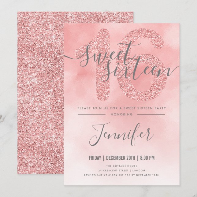 Rose Gold Blush Pink Glitter Sweet 16 Invitation (Front/Back)