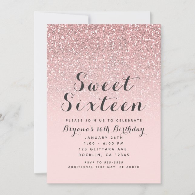 Rose Gold Blush Pink Glitter Sweet 16 Party Invitation (Front)