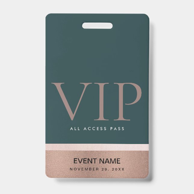 ROSE GOLD BLUSH PINK GREEN VIP EVENT ACCESS PASS ID BADGE (Front)