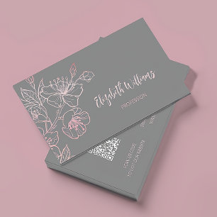 Rose Gold Blush Pink Grey Floral   QR Code Business Card