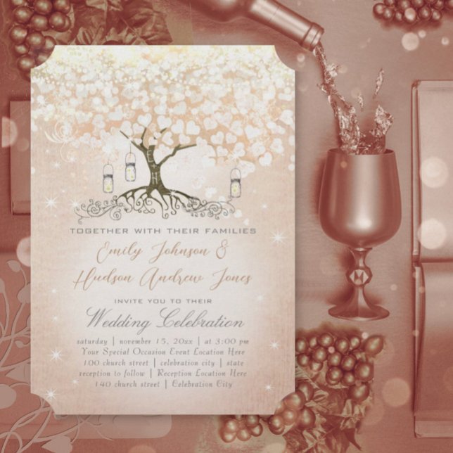 Rose Gold Blush Pink Heart Leaf Tree Wedding Invitation (Creator Uploaded)