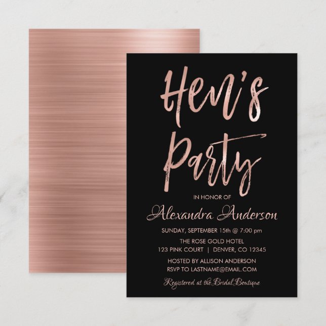 Rose Gold - Blush Pink Hen's Party Invitation (Front/Back)