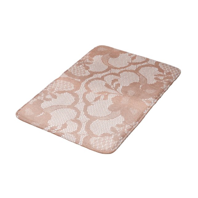 Rose Gold Blush Pink Lace Glam White Luxury Glam Bath Mat (Angled)