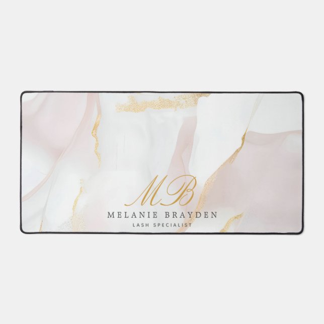 Rose Gold Blush Pink Marble Monogram Desk Mat (Front)