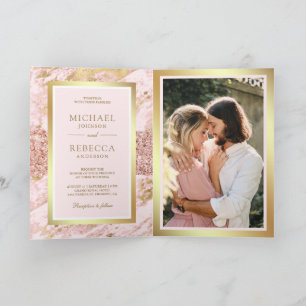 Rose Gold Blush Pink Marble Photo QR Code Wedding Invitation
