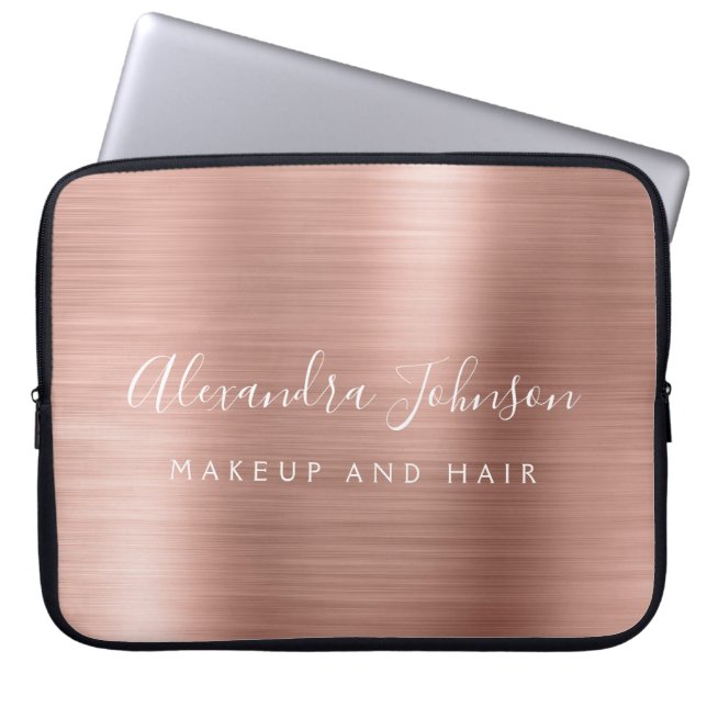 Rose Gold - Blush Pink Metallic Monogram Business Laptop Sleeve (Front)