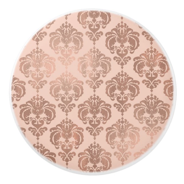 Rose Gold Blush Pink Modern Glam Damask Ceramic Knob (Front)