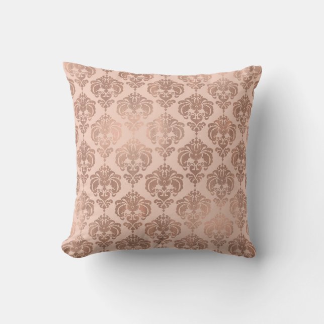 Rose Gold Blush Pink Modern Glam Damask Cushion (Front)