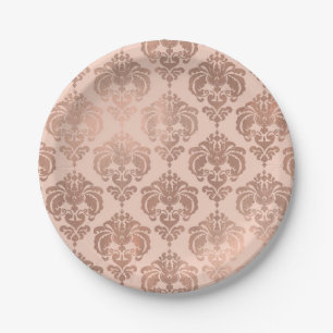 Rose Gold Blush Pink Modern Glam Damask Paper Plate