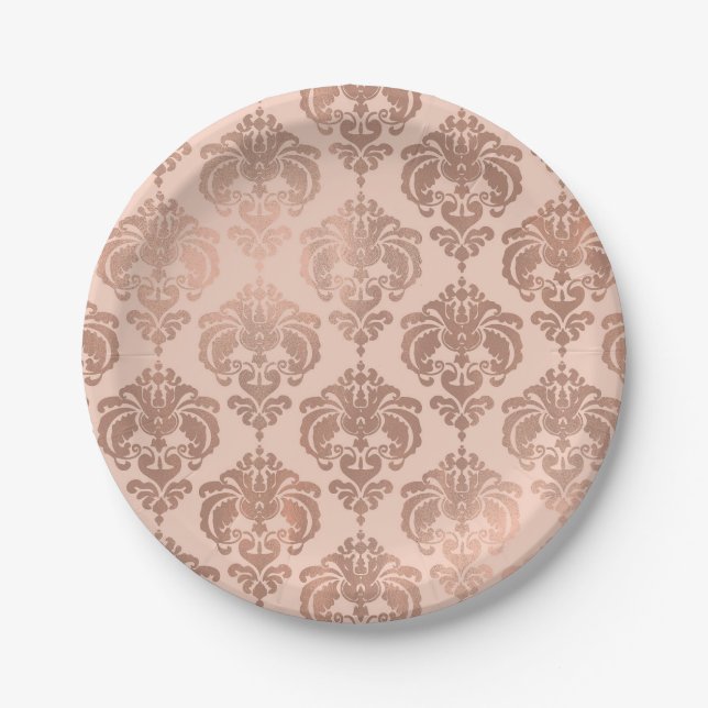 Rose Gold Blush Pink Modern Glam Damask Paper Plate (Front)