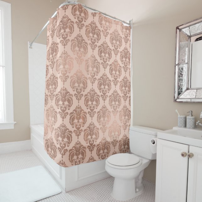 Rose Gold Blush Pink Modern Glam Damask Shower Curtain (In Situ)