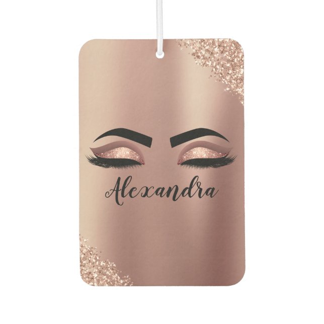 Rose Gold Blush Pink Monogram Glitter Eyelashes Car Air Freshener (Front)