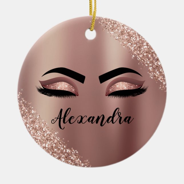 Rose Gold Blush Pink Monogram Glitter Eyelashes Ceramic Tree Decoration (Front)