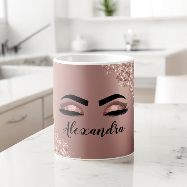 Rose Gold Blush Pink Monogram Glitter Eyelashes Coffee Mug (Creator Uploaded)