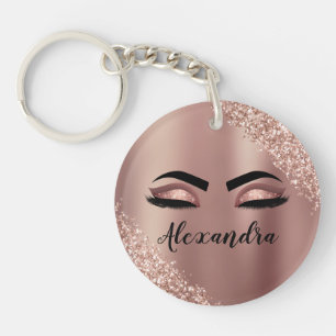 Rose Gold Blush Pink Monogram Glitter Eyelashes Key Ring